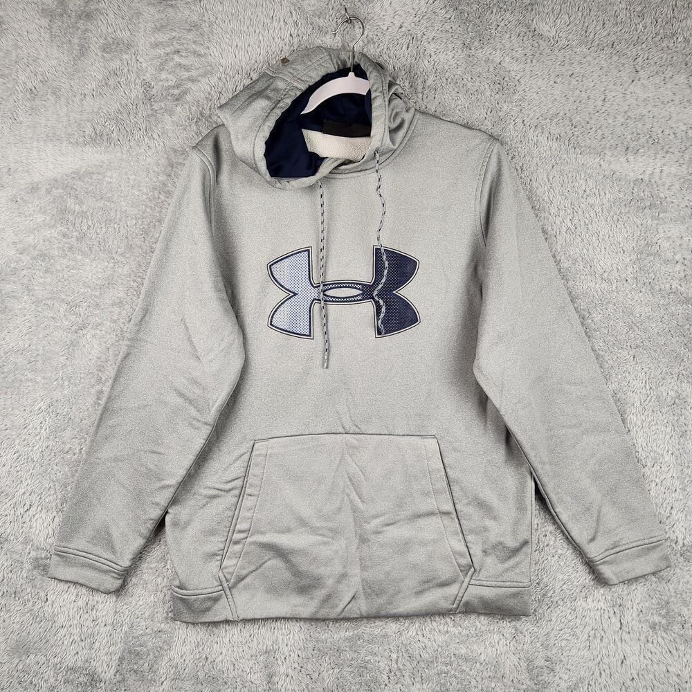 Under Armour Hoodie Mens Large Gray ColdGear Big Logo Fleece Pullover Sweatshirt